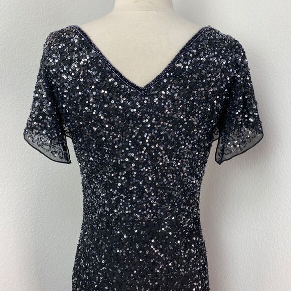 Vintage Black Bead Sequin Maxi Evening Dress Size 6 Formal Party Glam Goth Noir - Picture 10 of 13